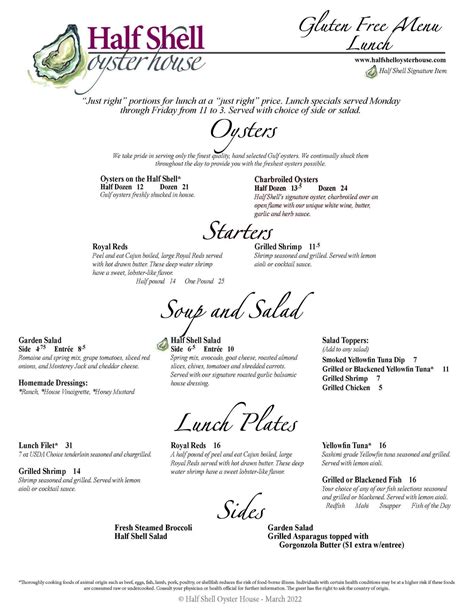 Menu at Half Shell Oyster House restaurant, Gulfport