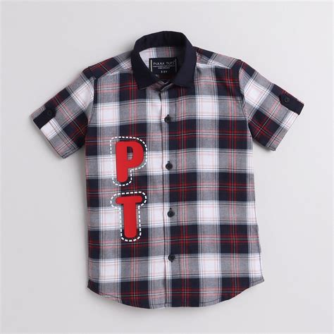 Polka Tots Half Sleeve Checks Shirt PT Rubber Print - Black – PolkaTots.in