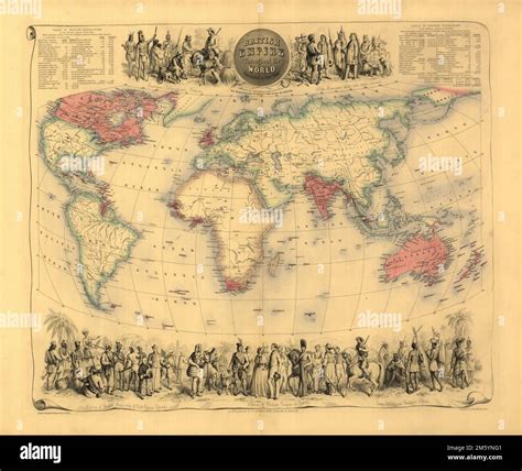 Vintage 19th-century illustrated map of the British Empire with tables showing population and ...