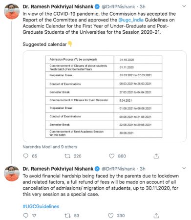 Education Ministry issues new calendar for UG and PG first year, full ...