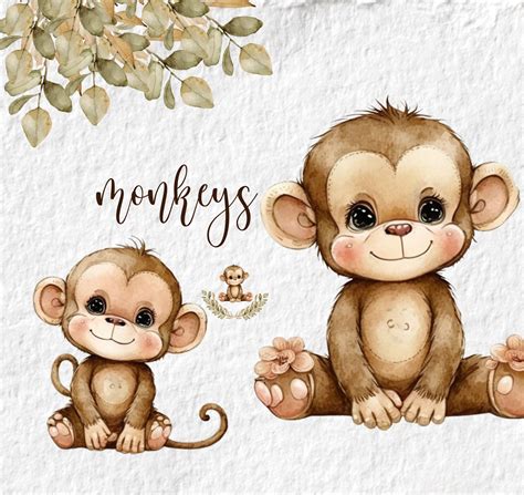 Monkey Watercolor Clipart, Cute Monkey Baby Shower Graphics, Monkey ...