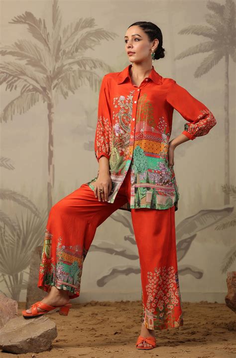 Shop Rust Muslin Silk Placement Print Co-Ord Set- Elegant Ethnic Wear ...