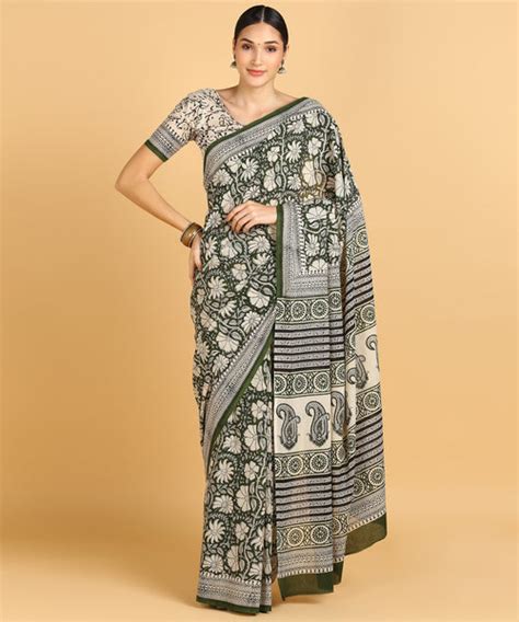 BLOCKS OF INDIA Hand Block Print Cotton Sarees For Women with Unstitch ...