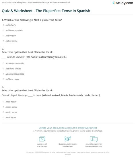 Quiz & Worksheet - The Pluperfect Tense in Spanish | Study.com