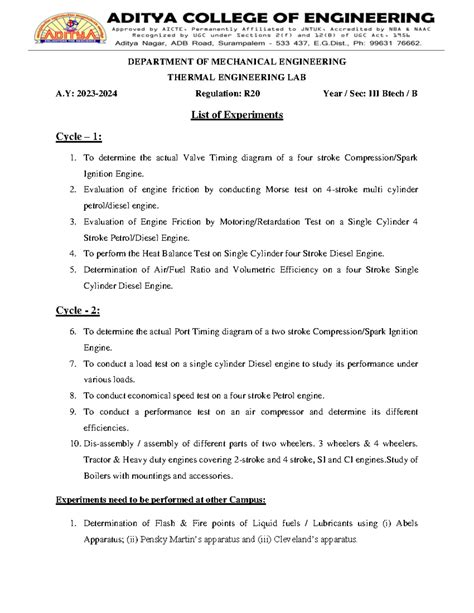 TE Lab cycle chart - DEPARTMENT OF MECHANICAL ENGINEERING THERMAL ENGINEERING LAB A: 2023-2024 ...