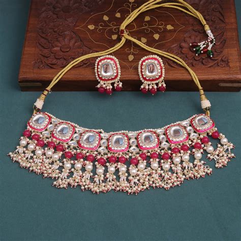 Sukkhi Pink Gold Plated Kundan & Pearl Choker Necklace Set For Women ...