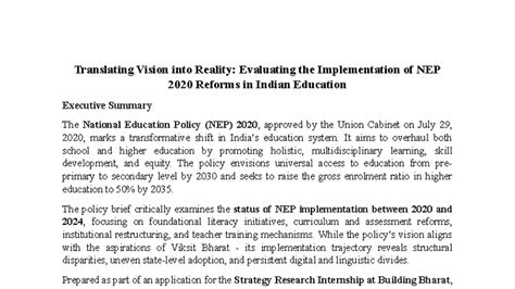 NEP 2020 Reforms in Indian Education: Implementation Evaluation Summary ...