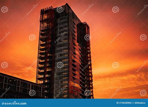 High-rise at Sunset, with the Sky Turning a Shades of Orange and Red ...