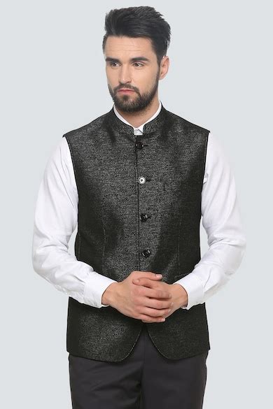 Buy Men Black Textured Casual Nehru Jacket Online - 359891 | Louis Philippe