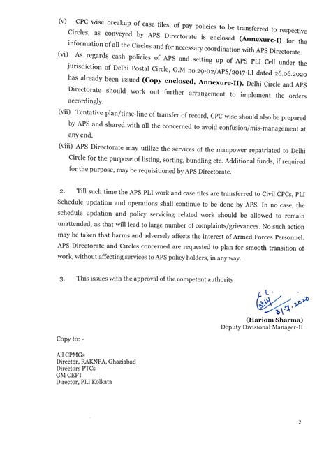 Closure of PLI Operations in APS || Directorate PLI dated 31.07.2020