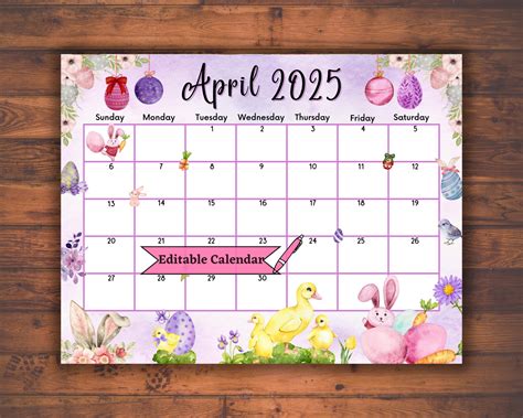 Editable Fillable April 2025 Calendar for Happy Easter With Cute Bunnie ...