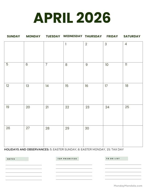 April 2026 Calendar Printable Template