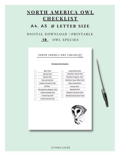 North America Owl Checklist. Digital Download + Printable. A4, A5 ...