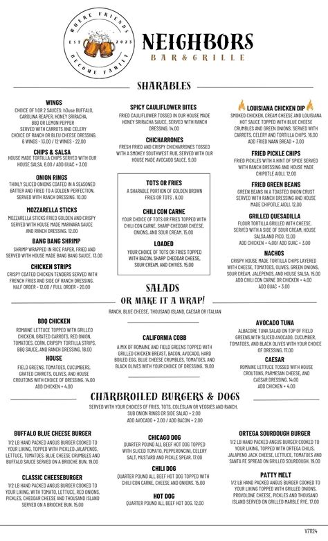 Menu | Neighbors Bar & Grille
