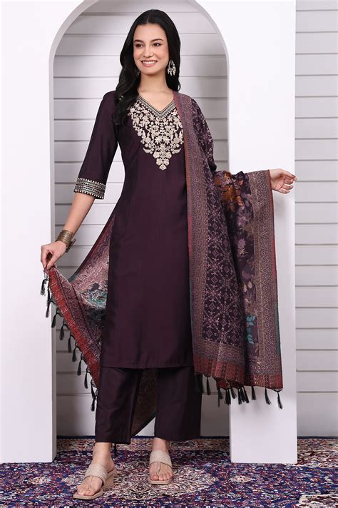 Buy Purple Zari Embroidered Rayon Straight Kurta, Palazzo and Dupatta ...