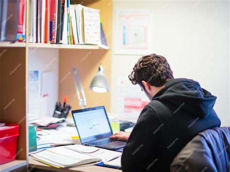 A student focuses on studying at a table with books and a laptop ...