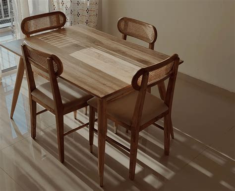 Boston Solid Wood Rattan Cane Dining Table Four-Seater Set