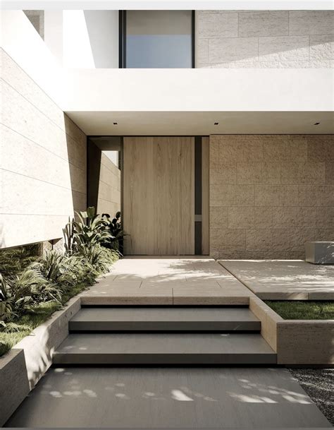 Modern House Exterior Design with Concrete Steps and Grass