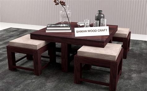 SHIKHA WOOD CRAFT Sheesham Wood Teapoy with 4 Cushioned Stool for ...