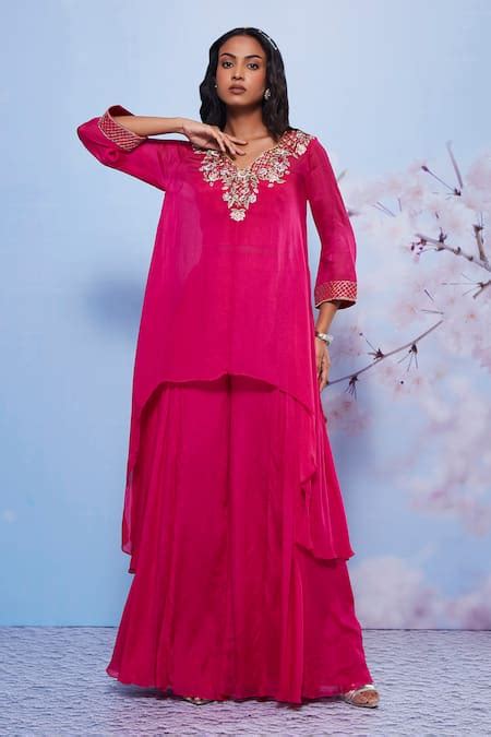 Buy Pink Chiffon, Cotton, Lycra Embroidery Chanda Asymmetric Kurta And ...