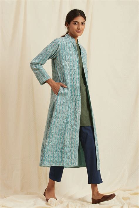 Buy Turquoise Block Printed Handloom Reversible Jacket for Women ...