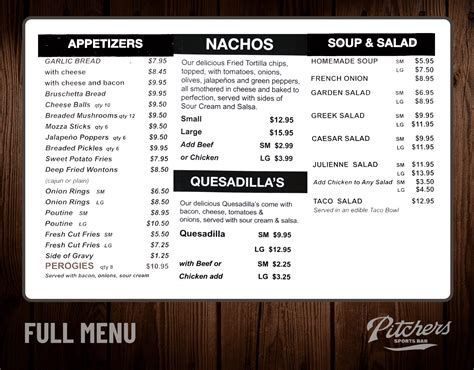 Food, drink, and daily special menus for Pitcher's Sports Bar and Grill