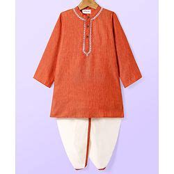 Babyhug Cotton Woven Full Sleeves Kurta Dhoti Set With Embroidery - Orange