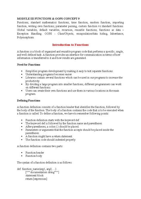 Module III Functions - Python Notes (OOP Concepts) - Studocu