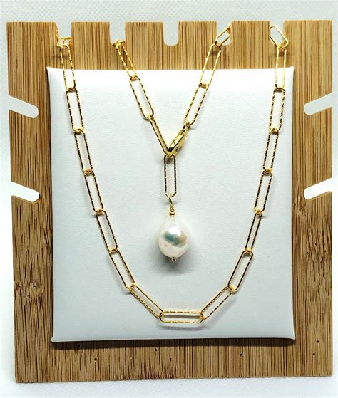 Gold Vermeil Textured Paper Clip Necklace, Baroque Pearl, June ...