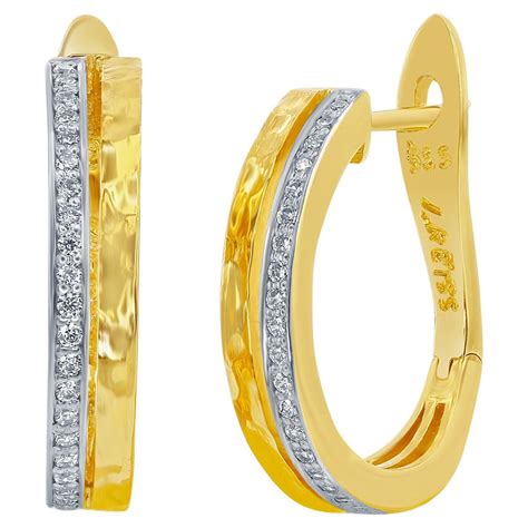 Hand-Crafted 14K Yellow Gold Diamond Hoop Earrings For Sale at 1stDibs