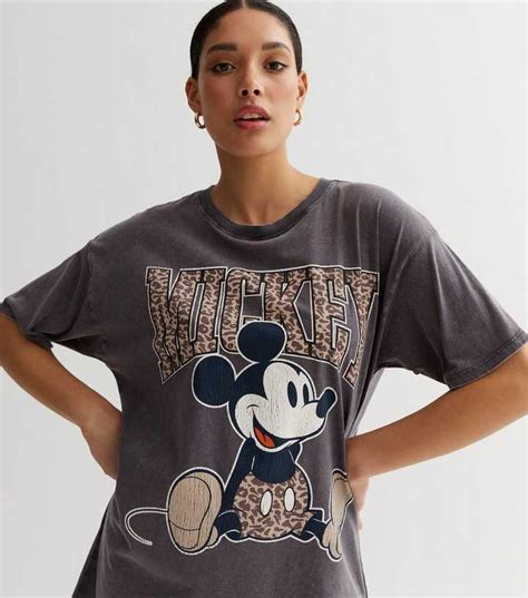 Dark Grey Acid Wash Mickey Mouse Logo Oversized T-Shirt | New Look