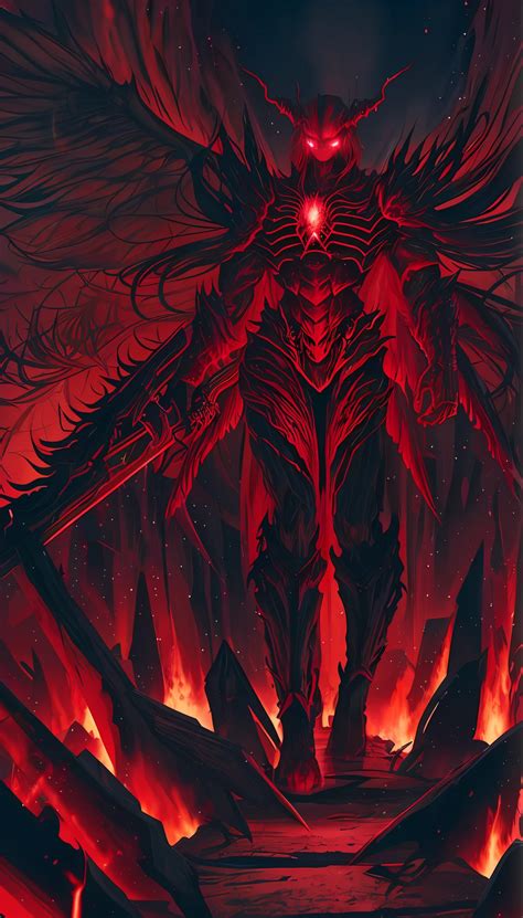 A red demon with a glowing face and wings stands in front of a fire ...