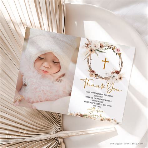 Editable Baptism Thank You Card Template Boho Christening Thank You ...
