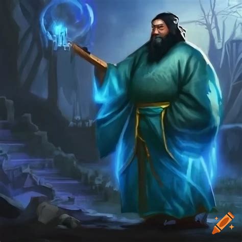 Artistic illustration of a wise asian man in ancient chinese robes on ...