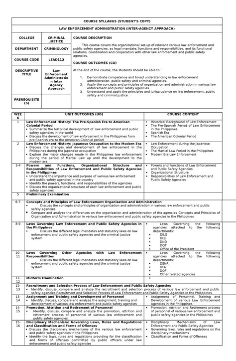 LEA Inter-Agency Approach - COURSE SYLLABUS (STUDENT’S COPY) LAW ...