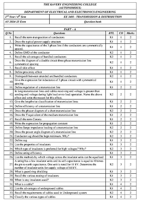 EE3401 Transmission & Distribution Question Bank - 2nd Year 4th Sem ...