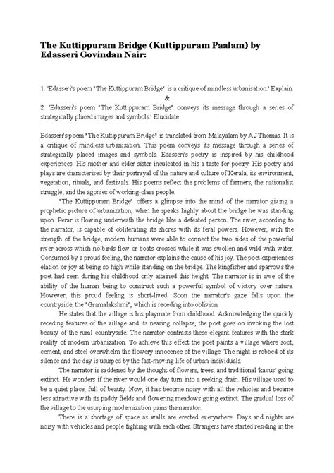 Kuttippuram Bridge Analysis: Edasseri's Critique of Urbanization - Studocu