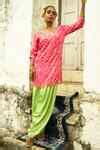 Buy Pink Silk Mirrors, Zari, Embroidery V-neck Bandhani Floral Stripe ...