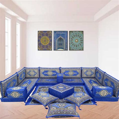 Arabic Floor Sofa U Shaped Blue Floor Cushions, Modern Arabic Majlis