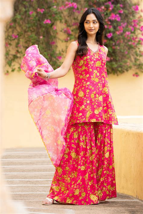 Pink Floral Printed Sleeveless Short Kurta, Sharara And Dupatta Set ...