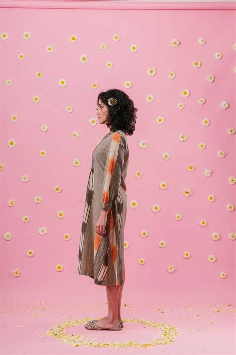 Beige orange ikat dress with embroidered yoke – Sohni