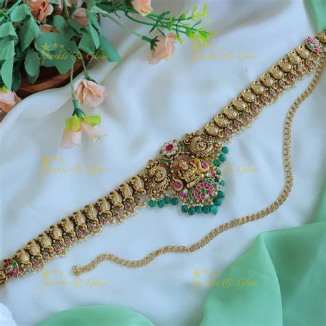 Jadau Lakshmi Peacock Carved Hipchain - Green Beads – Sparkle and Glow