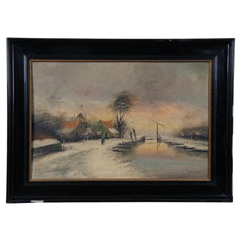 Vintage L Brugman Winter River Landscape Oil Painting on Board 29" For Sale at 1stDibs