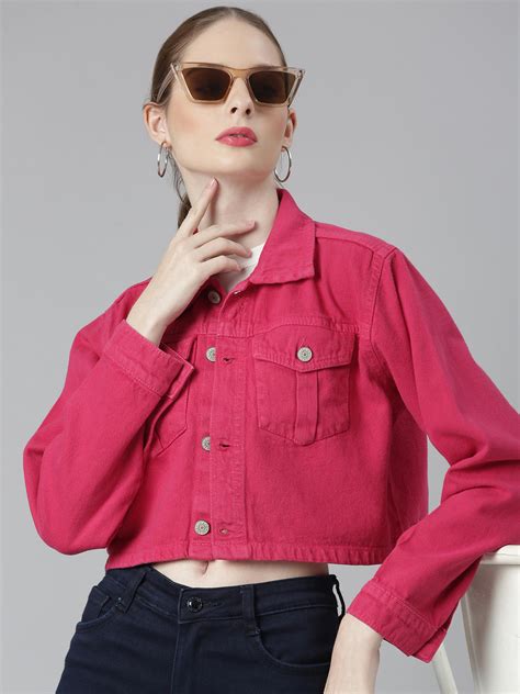 SHOWOFF Women's Spread Collar Fuchsia Over Sized Solid Crop Denim Jacket