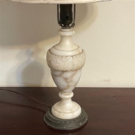 Lot 64 Antique Carved Alabaster Table Lamp Pleated Shade 24" tall ...