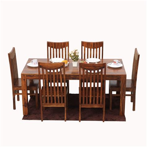 Flora Solid Sheesham Wood Six Seat Dining Table Set in Natural Finish