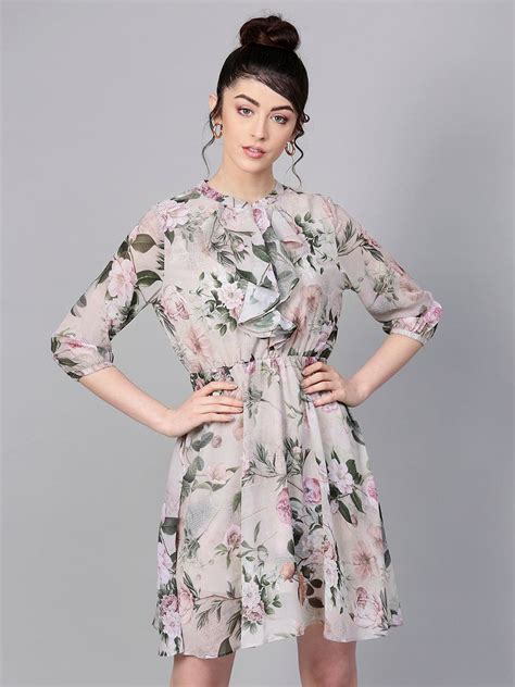 Buy Women Grey & Pista Green Floral Print Fit And Flare Dress - Dresses ...