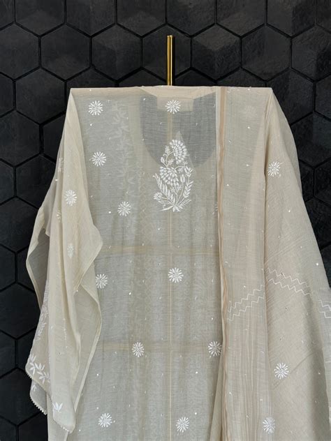 Beige Mul Chanderi Chikankari Kurta Set