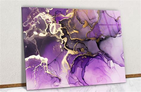 Purple and Gold Alcohol Ink Glass Wall Art, Gold Purple Glass Print, Gold Purple Marble Glass ...