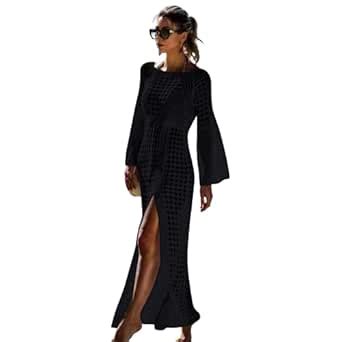 Buy MOMISY Women's Crochet Summer Beach Dress Long Sleeve Square Neck ...